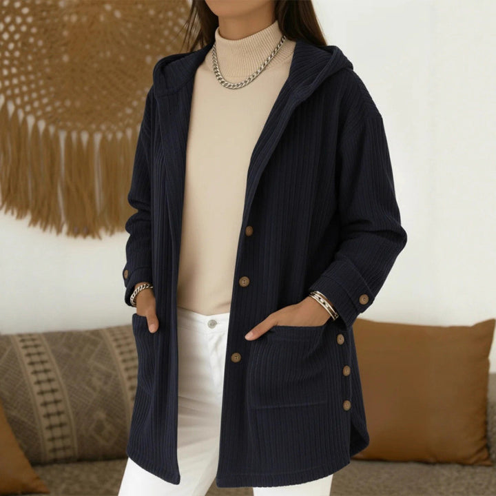 Women's Long Hooded Knitted Cardigan with Ribbed Texture, Button Placket and Side Pockets Mune Fashion
