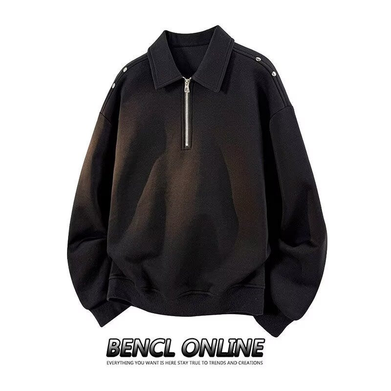 Men's Oversized Sweatshirt with Zip Collar and Snap Button Shoulder Detail Mune Fashion
