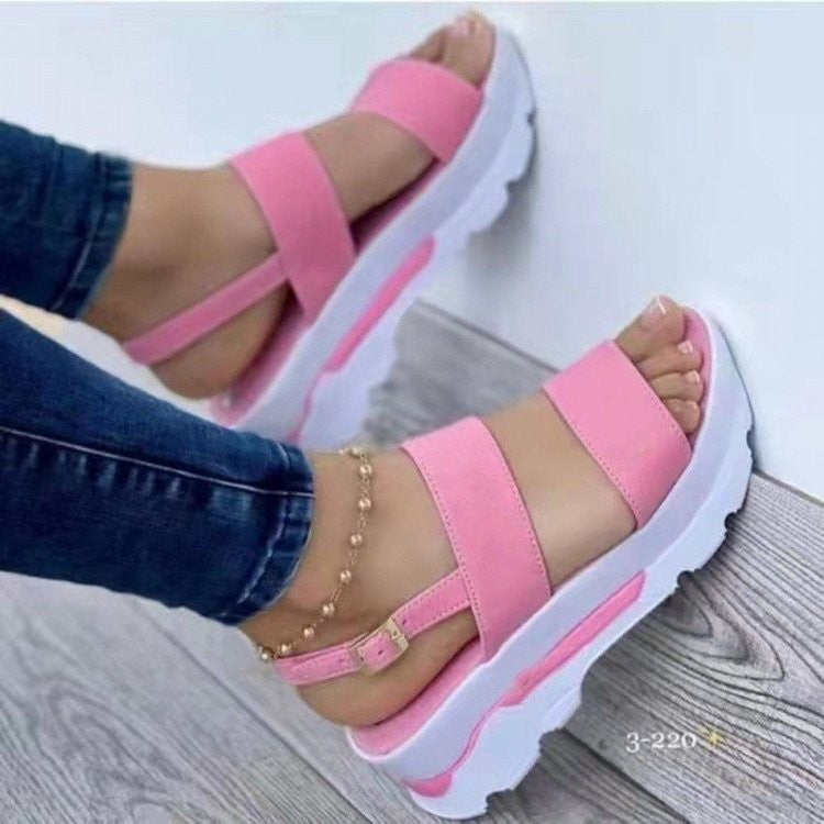 Ladies platform sandals with thick tread sole, two wide straps and adjustable heel strap Mune Fashion