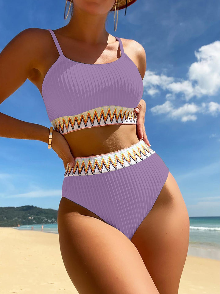 Women's High-Waisted Bikini Set with Trendy Ribbed Design and Colorful Accent Mune Fashion