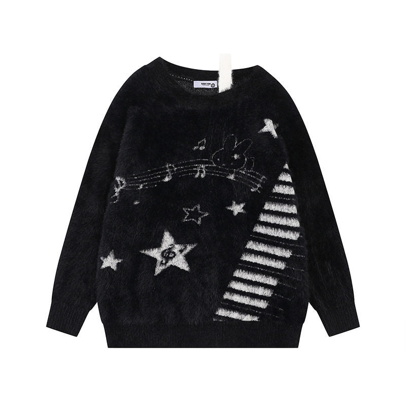 Women's Cozy Knit Sweater with Cartoon Note and Star Motif Mune Fashion