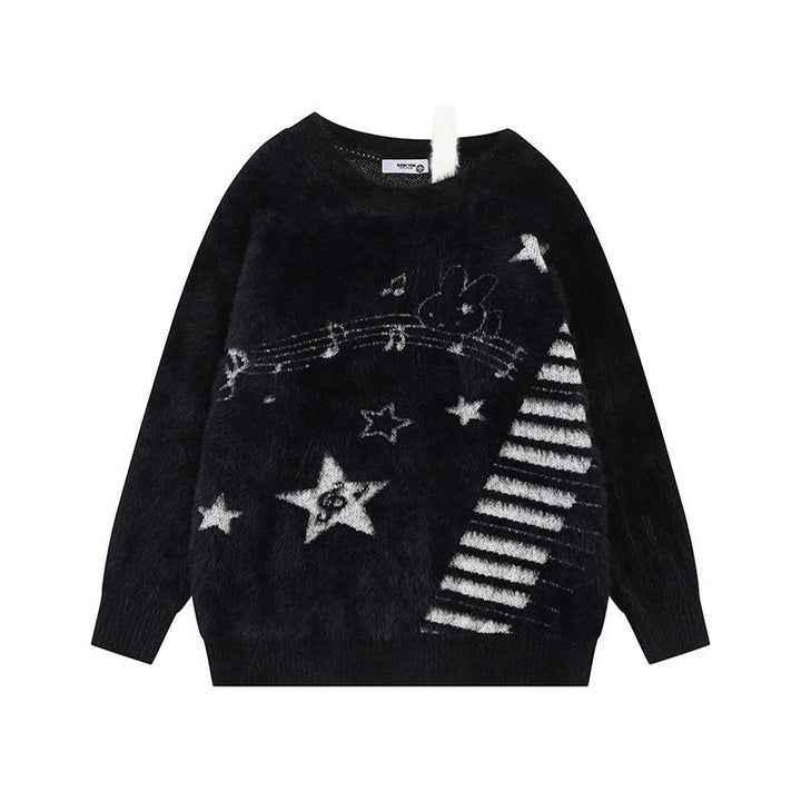 Women's Cozy Knit Sweater with Cartoon Note and Star Motif Mune Fashion