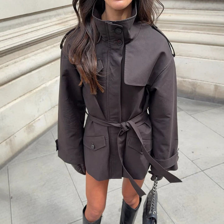 Women's Short Tailored Trench Jacket with Stand-Up Collar, Flap Pockets and Tie Belt Mune Fashion