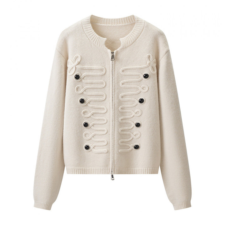 Women's short-cut knitted cardigan with decorative cord applications and two-way zipper Mune Fashion