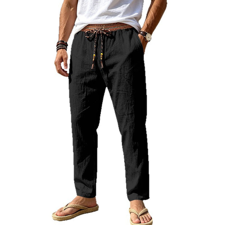 Men's Linen Look Casual Trousers with Embroidered Drawstring Waistband and Drawstring