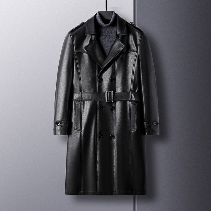Men's Long Leather Trench Coat with Waist Belt and Double-Breasted Button Placket Mune Fashion