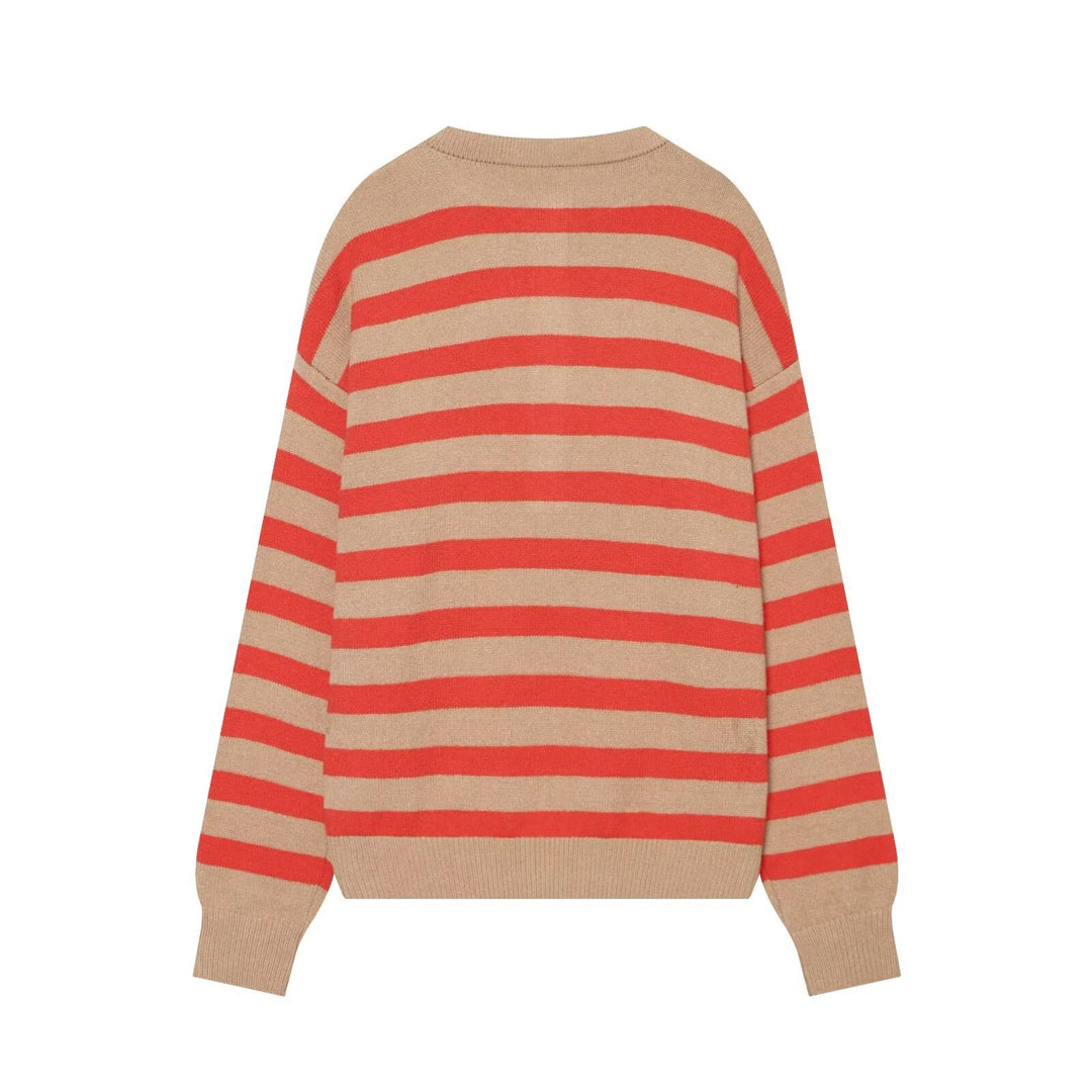 Women's Striped Knitted Sweater with Henley Button Placket Mune Fashion
