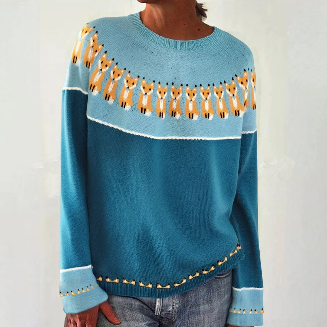 Women's gray marled round neck sweater with circular jacquard yoke and ribbed hem Mune Fashion