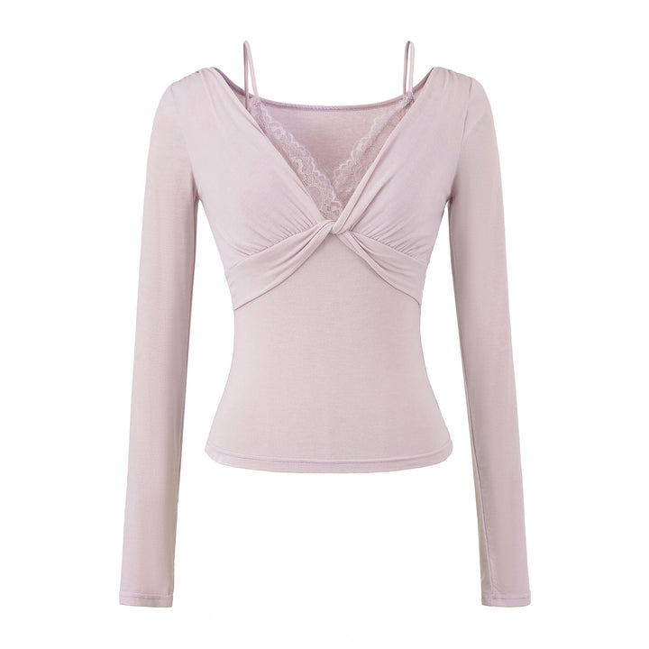 Women’s Figure-Hugging Long Sleeve Top with Twist Detail, Lace Insert and V-Neck
