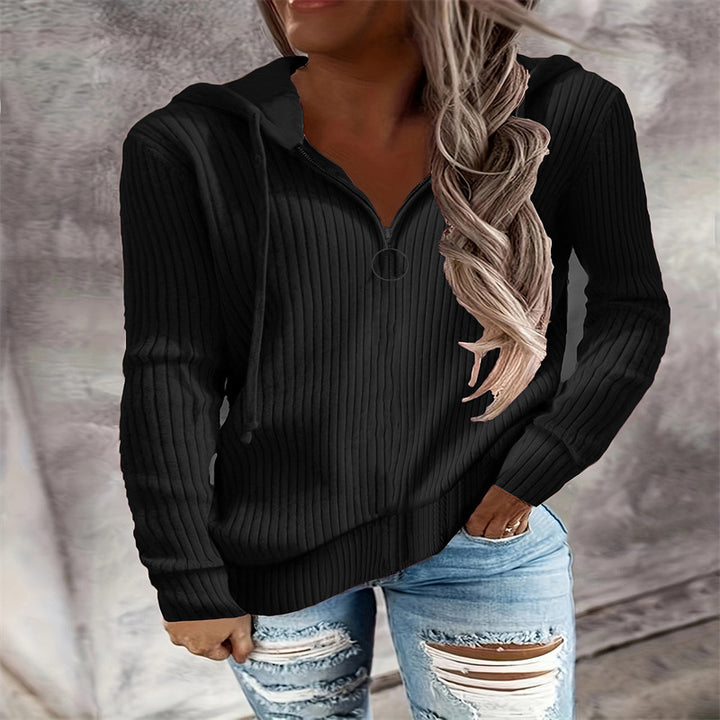 Women's Casual Ribbed Knit Hoodie with Half-Zip and Ring Zipper Drune