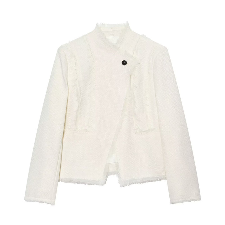 Women's bouclé short jacket with fringe trim and asymmetrical single-button closure Mune Fashion