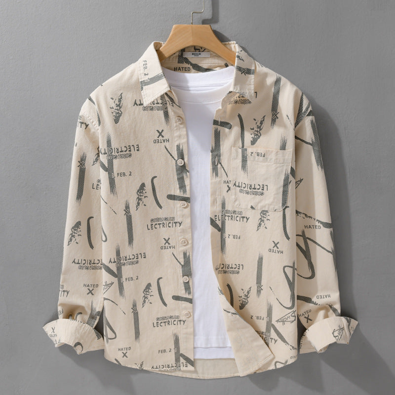 Men's Lightweight Cotton Crinkle Shirt in Relaxed Fit with Typo Allover Print and Applied Chest Pocket Mune Fashion