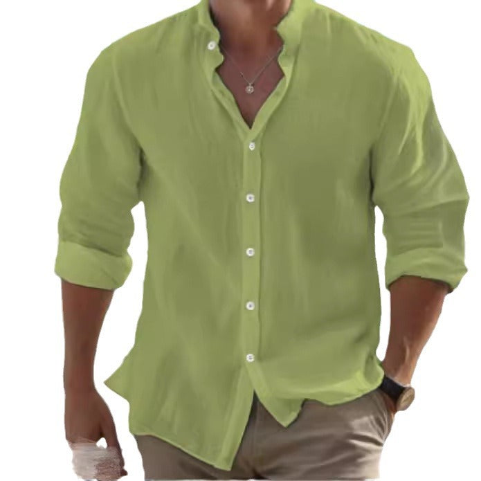 Men's light linen blouse shirt with stand-up collar, straight cut and continuous button placket Mune Fashion