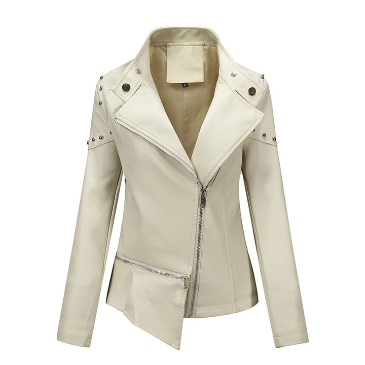 Women Asymmetrical Faux Leather Biker Jacket with Studs & Asymmetrical Zipper Mune Fashion