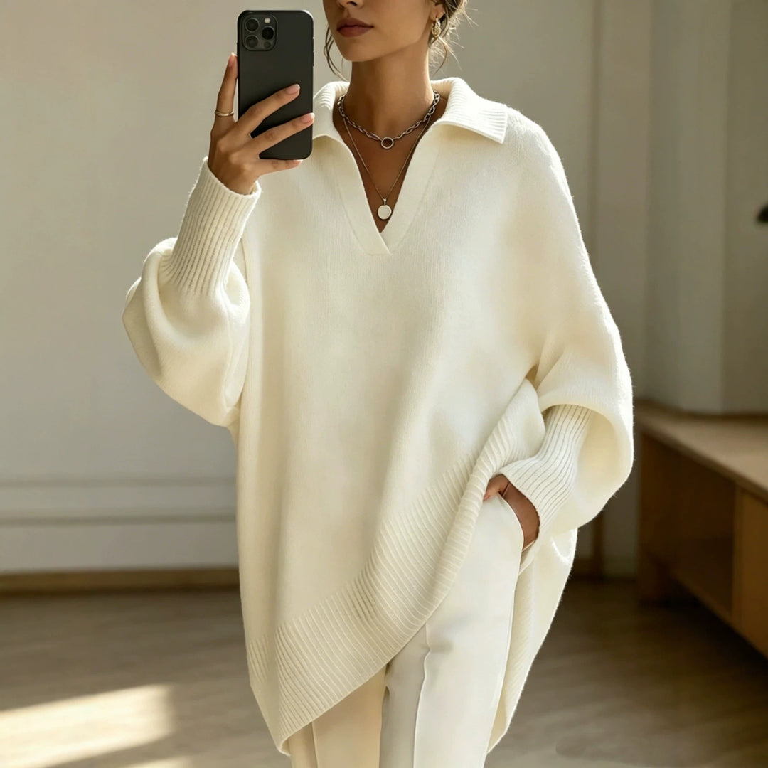 Women Oversize Polo Collar V-Neck Knitted Sweater with Balloon Sleeves Mune Fashion