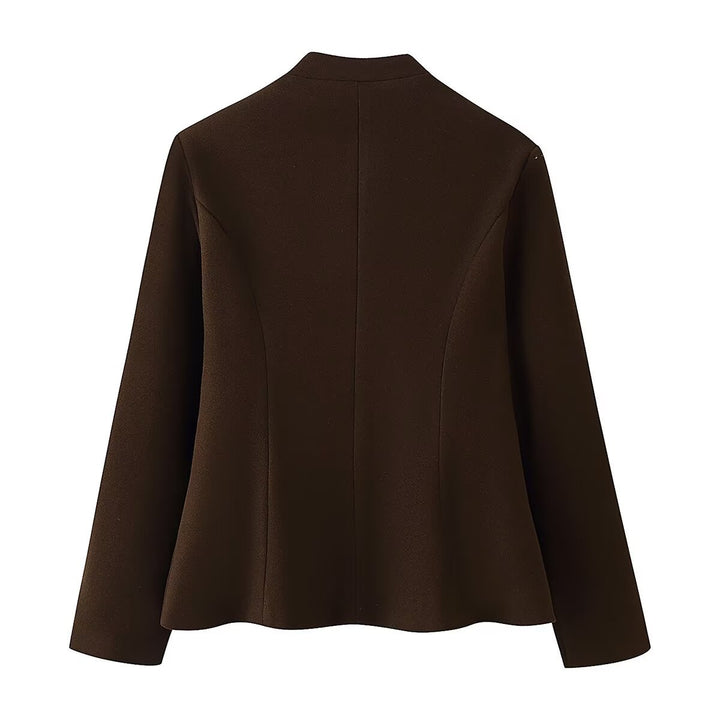 Women Tailored Blazer without Lapels with Golden Decorative Buttons Mune Fashion