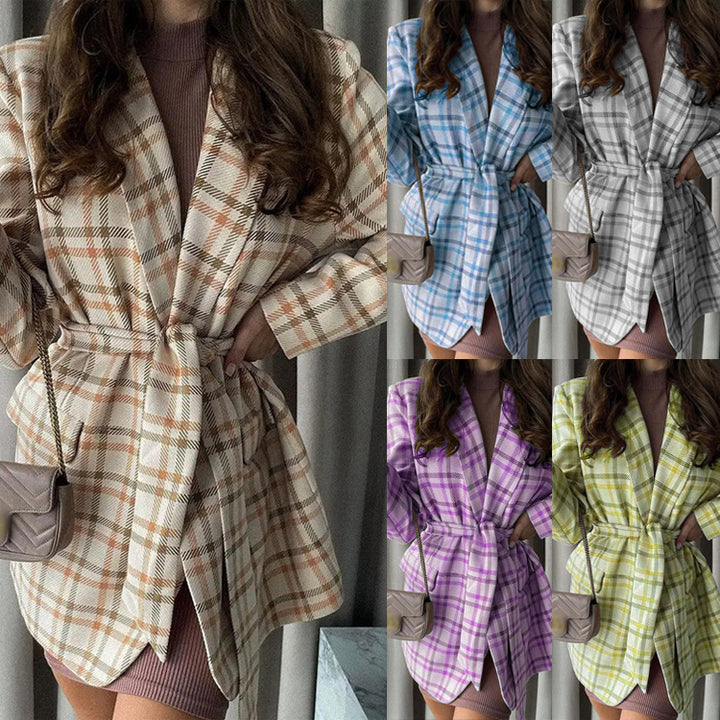 Women Oversize Checked Long Blazer with Tie Belt and Shawl Collar Mune Fashion