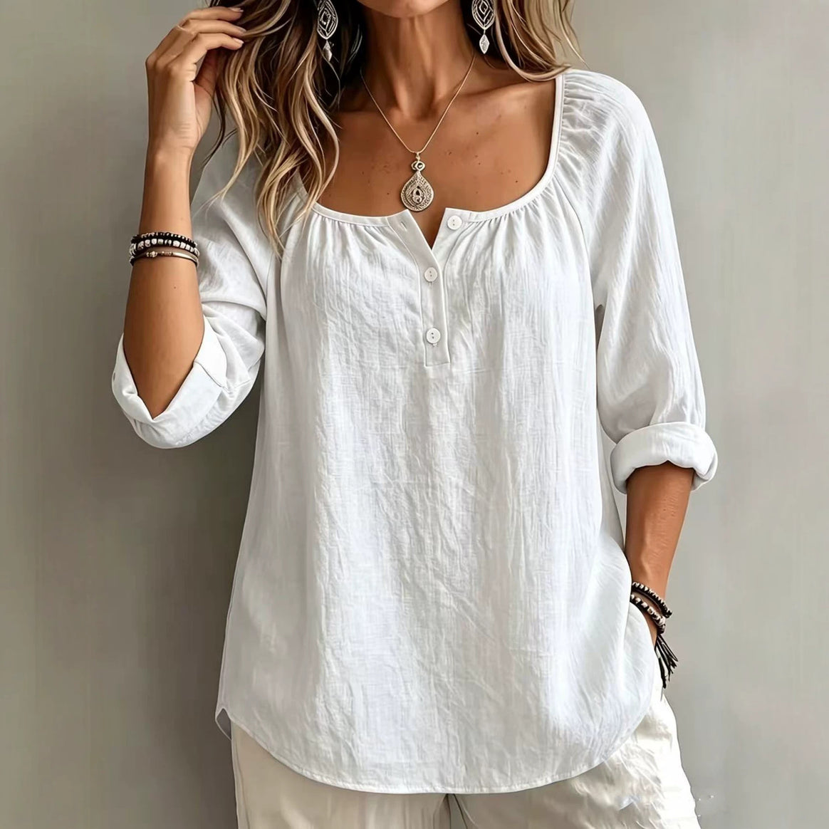 Women's Loose Fitting Linen Look Tunic with U-Neck and Short Button Placket Mune Fashion