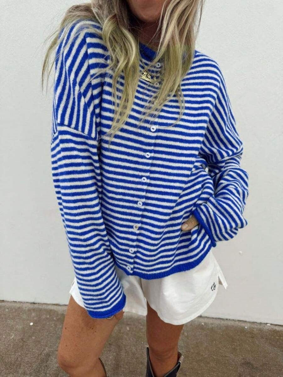 Women's Striped Oversize Knit Cardigan with Button Placket and Maritime Look Mune Fashion