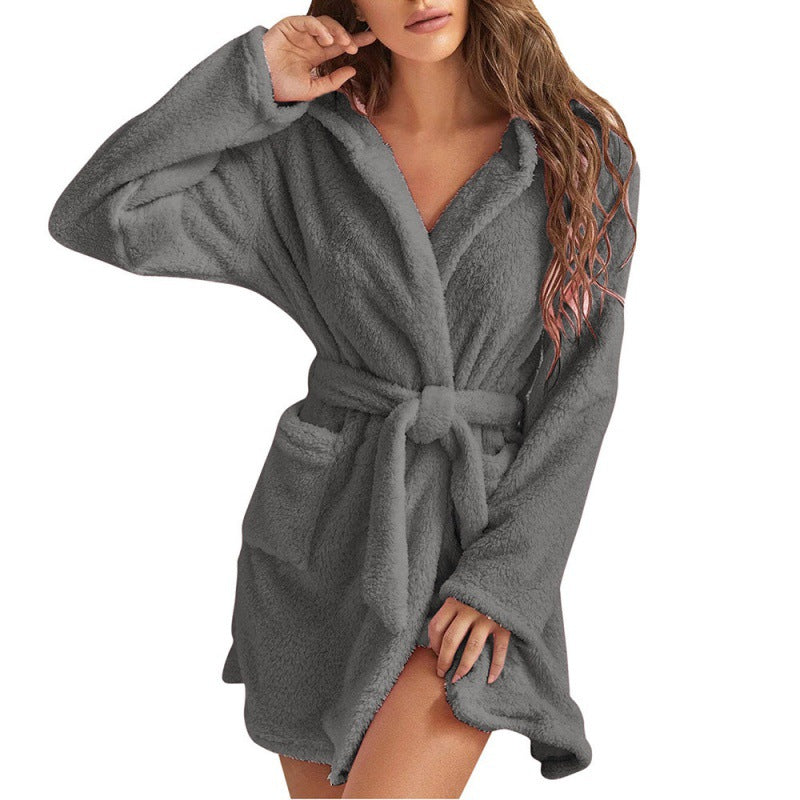 Women's Cozy Fleece Bathrobe with Hood and Waist Tie Mune