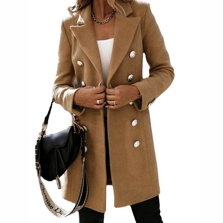 Women's Tailored Double-Breasted Wool Coat with Decorative Buttons and Lapel Collar Mune Fashion