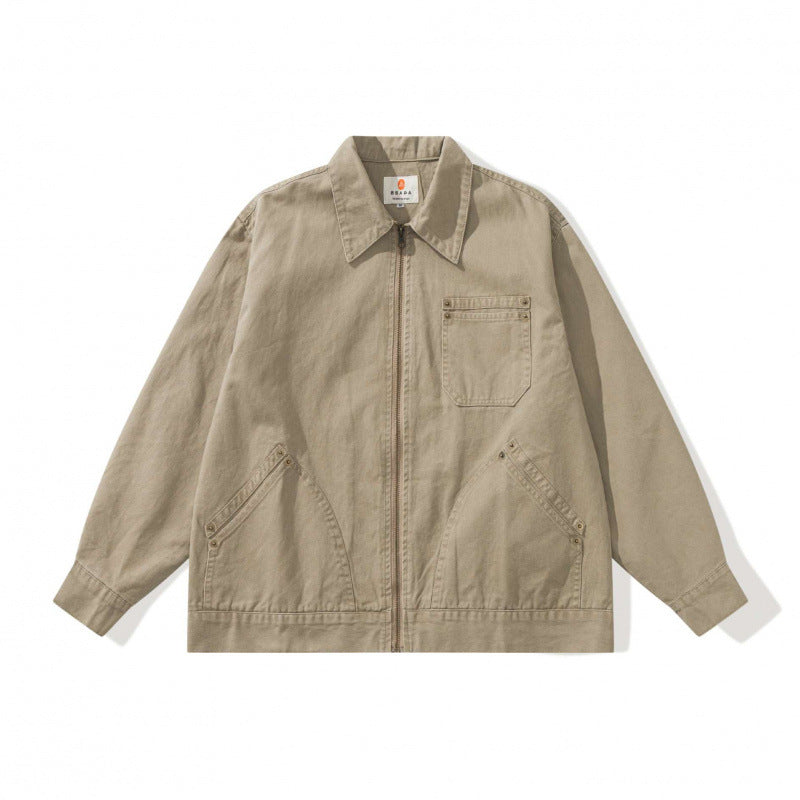 Unisex Boxy Canvas Worker Jacket with Front Zip and Stud Applications Mune Fashion