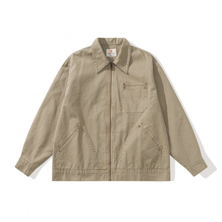 Unisex Boxy Canvas Worker Jacket with Front Zip and Stud Applications Mune Fashion