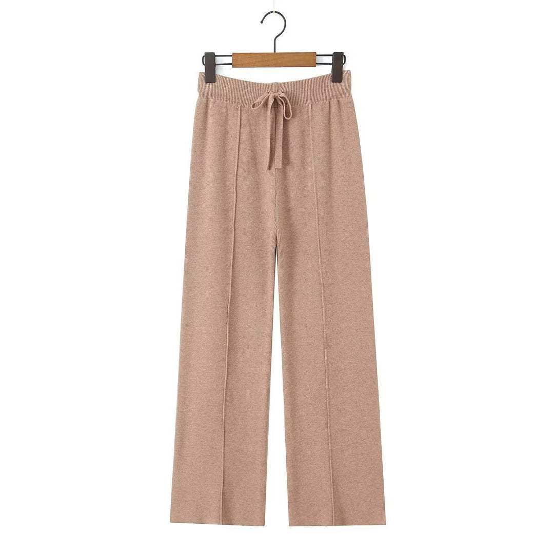 Women Wide Knit Trousers with Ribbed Waistband, Drawstring and Crease Mune Fashion