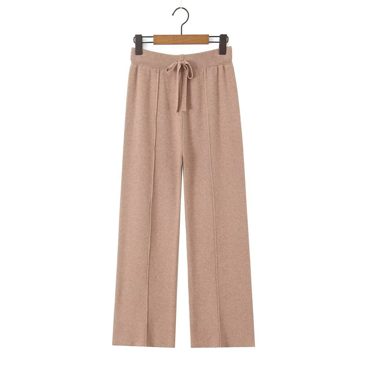 Women Wide Knit Trousers with Ribbed Waistband, Drawstring and Crease Mune Fashion