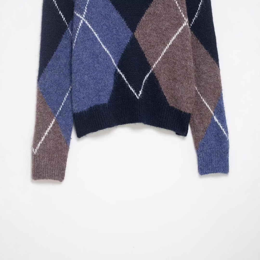 Women Oversized Diamond Knit Sweater with Mohair Effect Mune Fashion