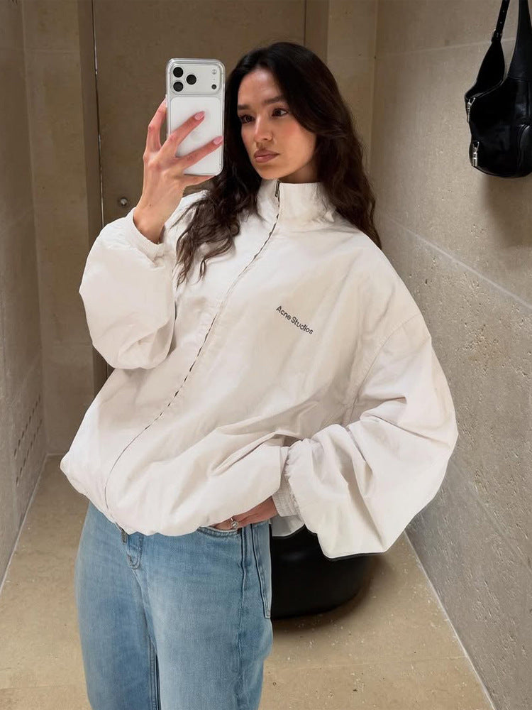 Women's Padded Boxy Jacket in Cropped Cut with Stand-up Collar and Concealed Fastening Placket Mune Fashion