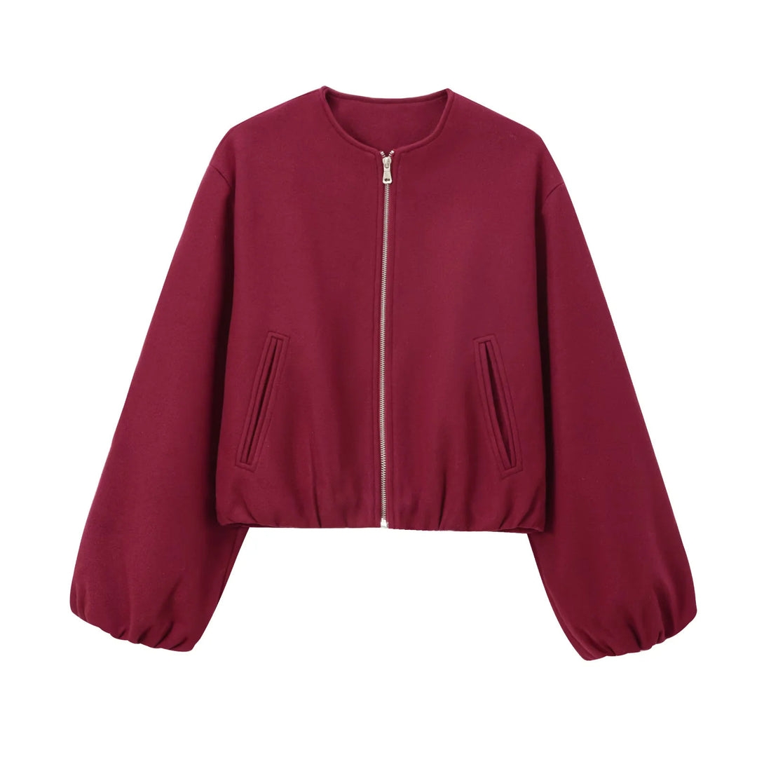 Women nan cast-cut wool bomber jacket with round neckline, continuous zipper, piped side pockets and elastic hem Mune Fashion