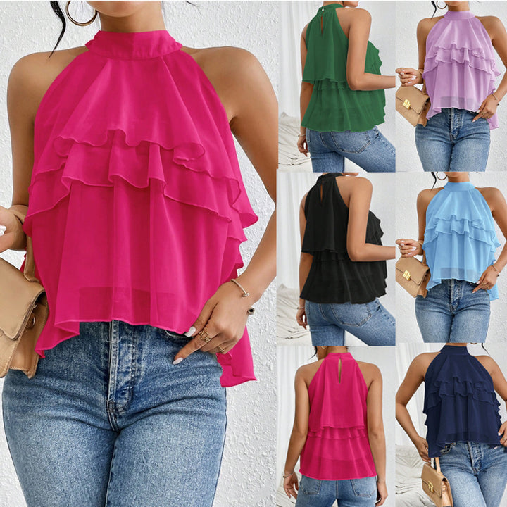 Women's Airy Chiffon Top with Stand Collar and Layered Ruffles Mune Fashion
