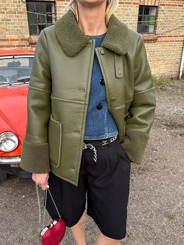 Ladies Short Aviator-Style Bomber Jacket with Teddy Lining and Boxy Silhouette Mune Fashion