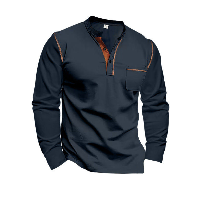 Men's long sleeve shirt with mandarin collar, chest pocket, and contrast decorative seams Mune Fashion