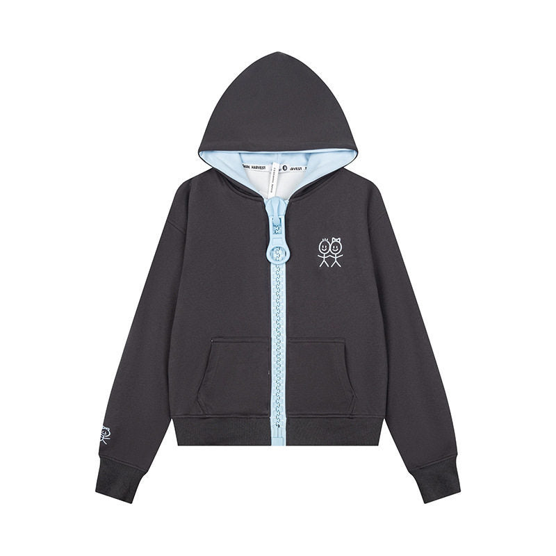 Women's Hoodie Sweat Jacket with Oversized Zipper and Minimalist Embroidery Mune Fashion