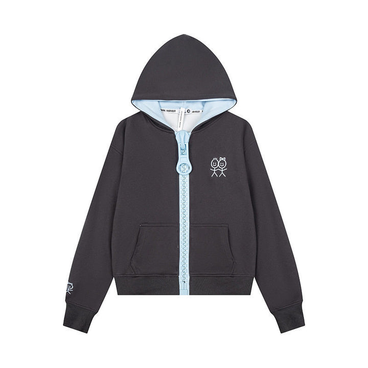 Women's Hoodie Sweat Jacket with Oversized Zipper and Minimalist Embroidery Mune Fashion