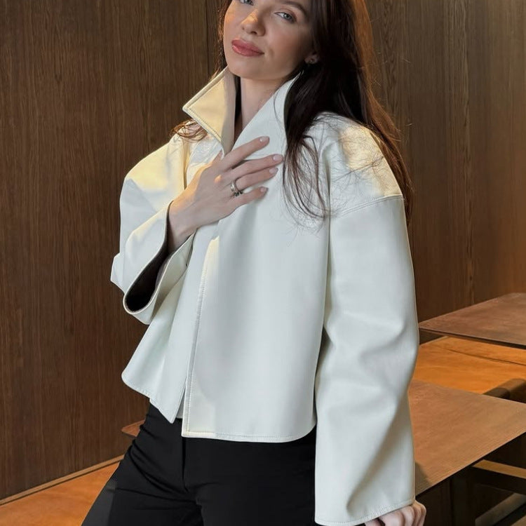 Women's Short Boxy Faux Leather Jacket with Distinctive Stand-Up Collar Mune Fashion