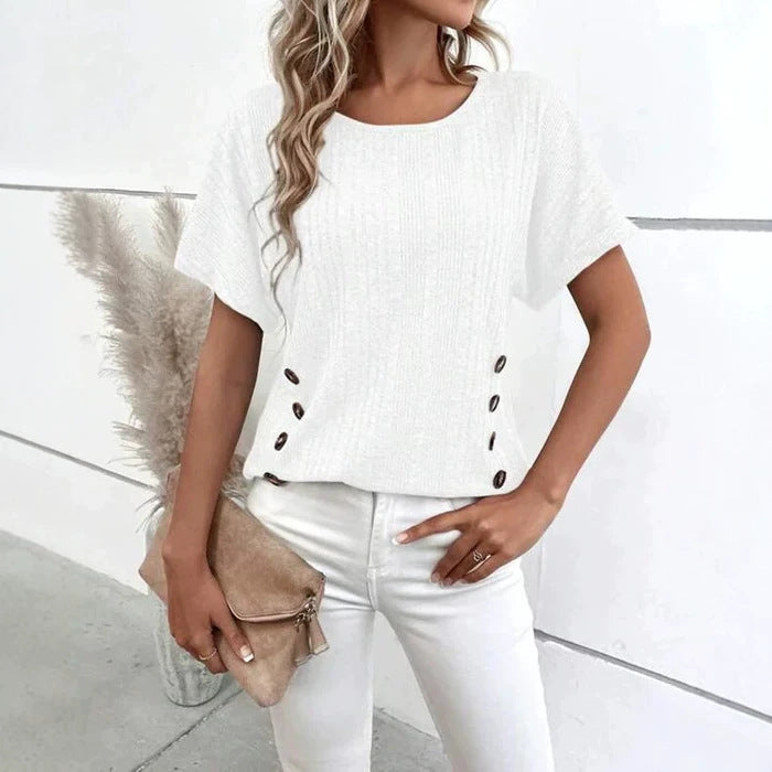 Ladies' knitted fine rib top with round neck and side decorative button placket Mune Fashion