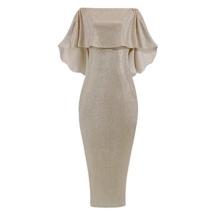 Women's evening jumpsuit with off-the-shoulder cape insert and shimmering stretch fabric Mune Fashion