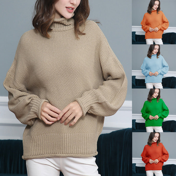 Women's Chunky Knit Turtleneck Sweater with Balloon Sleeves Mune Fashion