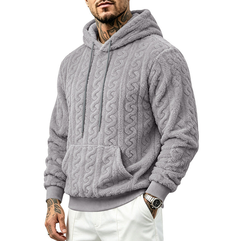 Men's teddy fleece pullover with cable pattern, hood and kangaroo pocket Mune Fashion