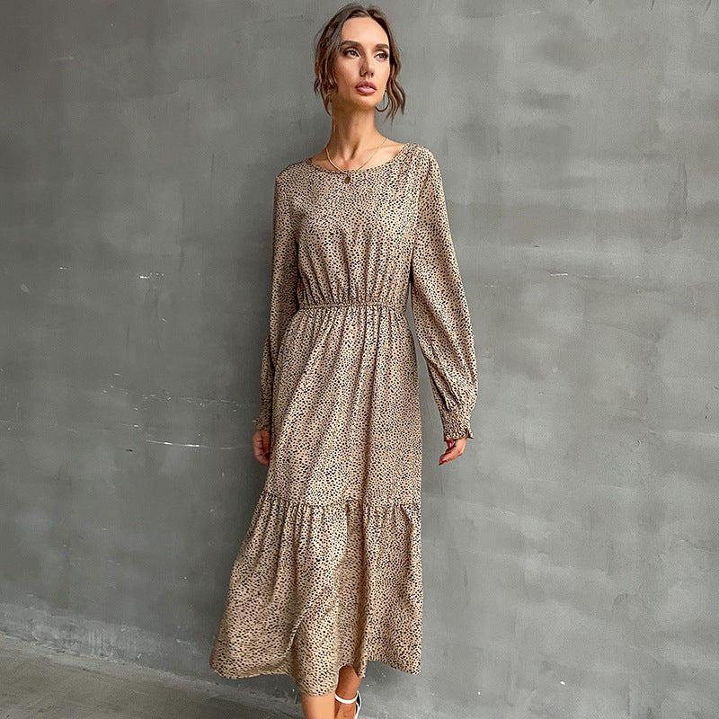 Women's Long Tiered Maxi Dress with Elastic Waist Gathering and Fine Polka Dot Print Mune Fashion