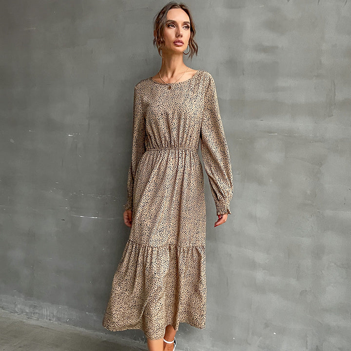 Women's Long Tiered Maxi Dress with Elastic Waist Gathering and Fine Polka Dot Print Mune Fashion