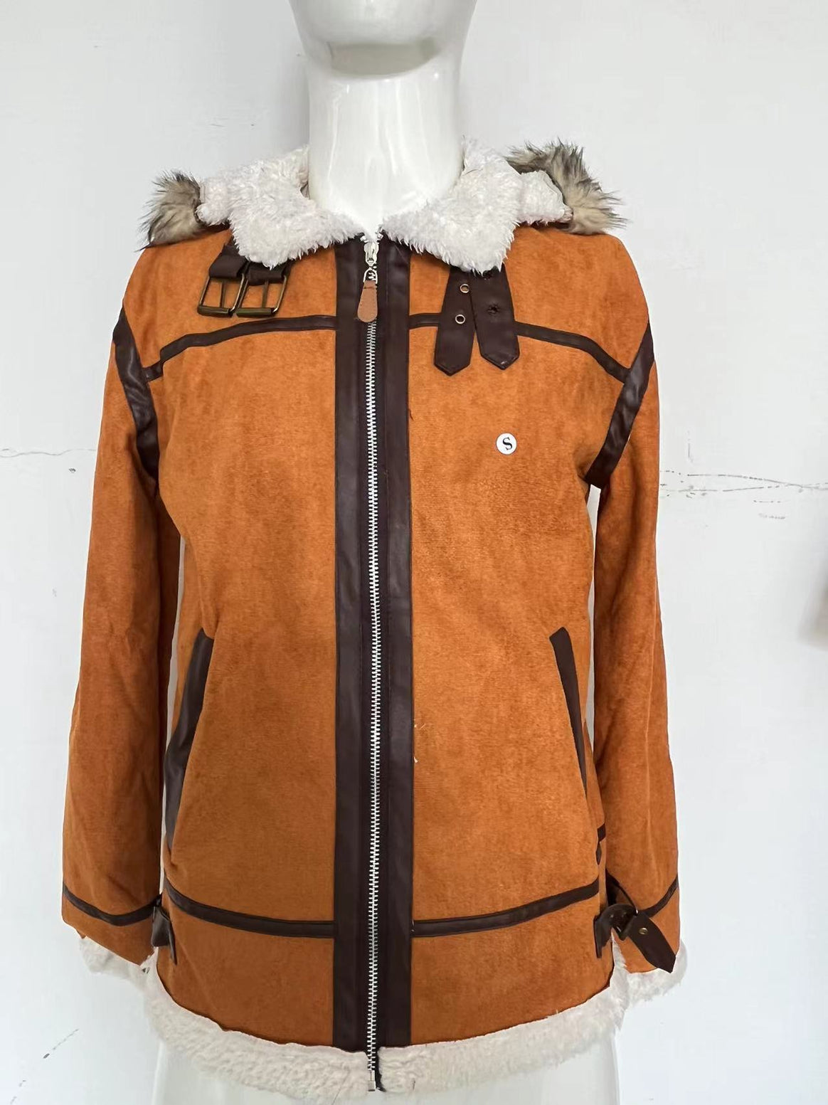 Women's Suede Look Bomber Jacket with Faux Fur Hood and Buckles Mune Fashion