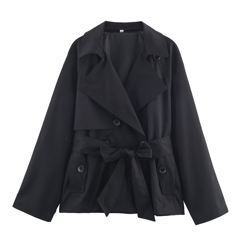Ladies Cropped Trench Coat with Shawl Collar, Tie Belt and Flap Pockets Mune Fashion