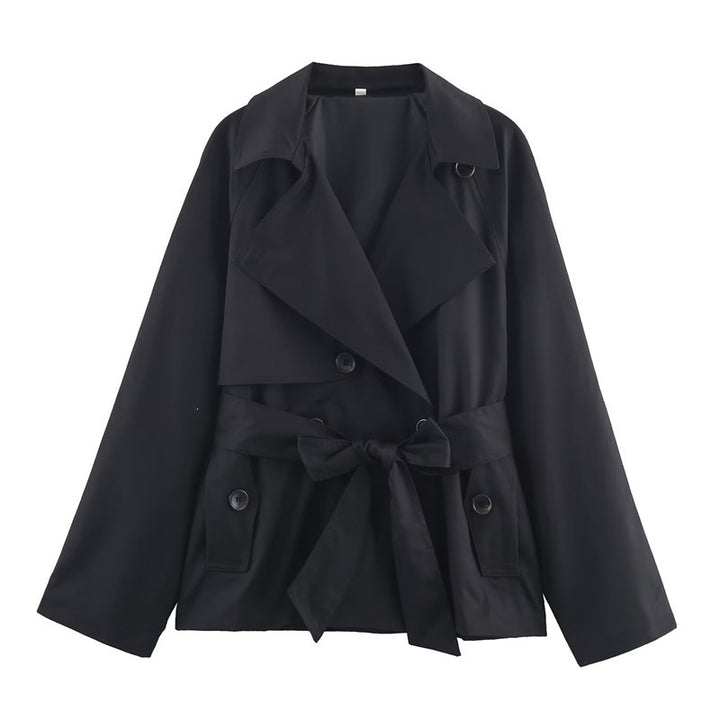 Ladies Cropped Trench Coat with Shawl Collar, Tie Belt and Flap Pockets Mune Fashion
