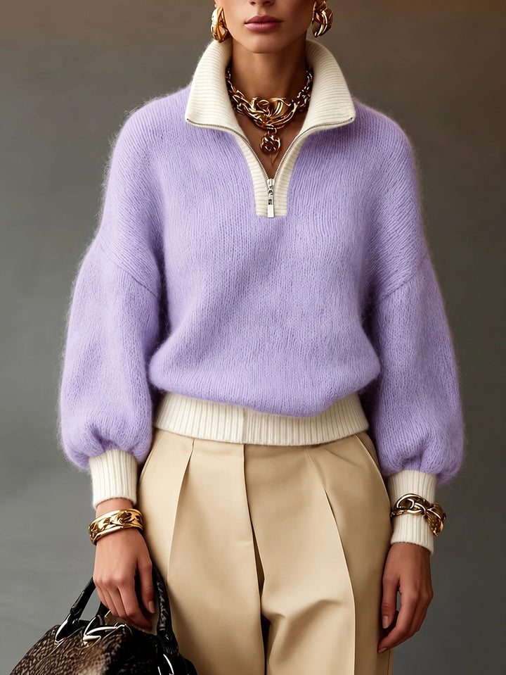 Women's Fluffy Sweater with Half Zipper, Stand Collar and Balloon Sleeves Mune Fashion