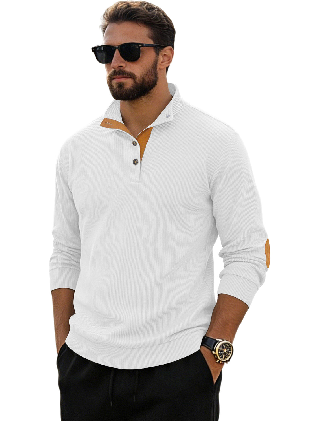 Men's fine ribbed knitted pullover with polo collar button placket and elbow patch Mune Fashion