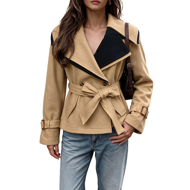 Women's short-cut wool blend coat with wide lapel collar, tie belt, and buckle cuffs Mune Fashion